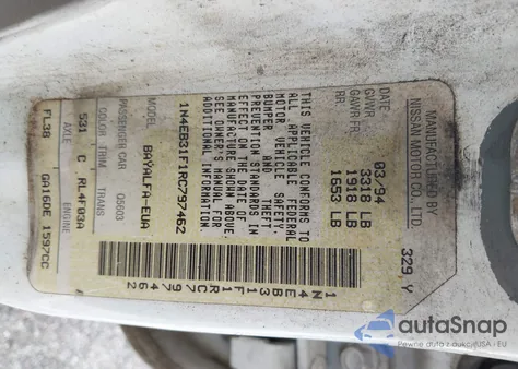 1994 Nissan Sentra E/Xe/Gxe/Le z USA, uszkodzony, nr VIN 1N4EB31F1RC797462